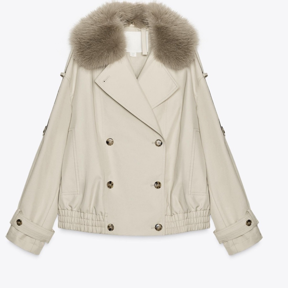 Women's Cream Double-Breasted Jacket with Faux Fur Collar